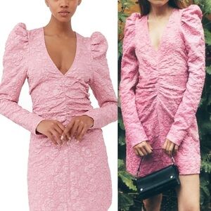 Ganni Stretch Jacquard V Neck Mini Dress Orchid Smoke Puff Sleeve Pink Y2K